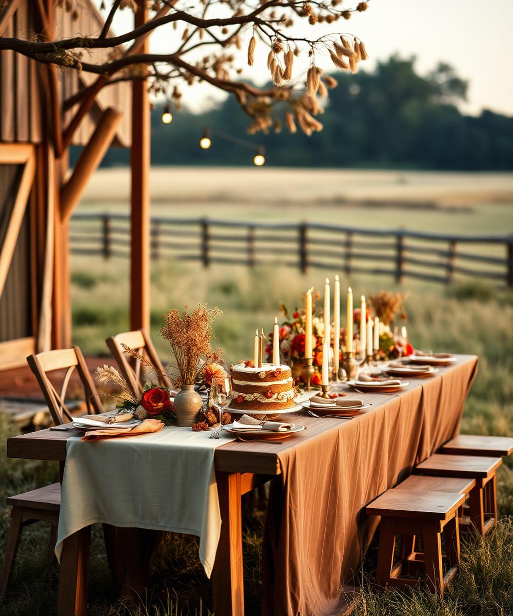 Mesa de aniversário posta no campo com bolo e velas