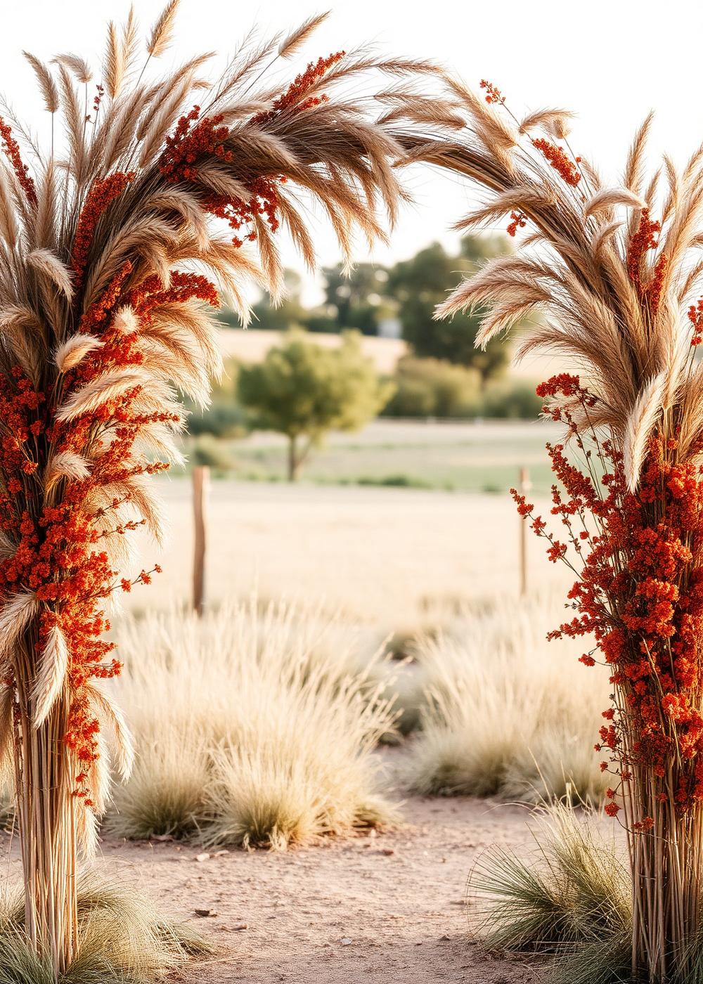 Arco floral em capim dos pampas e flores em terracota