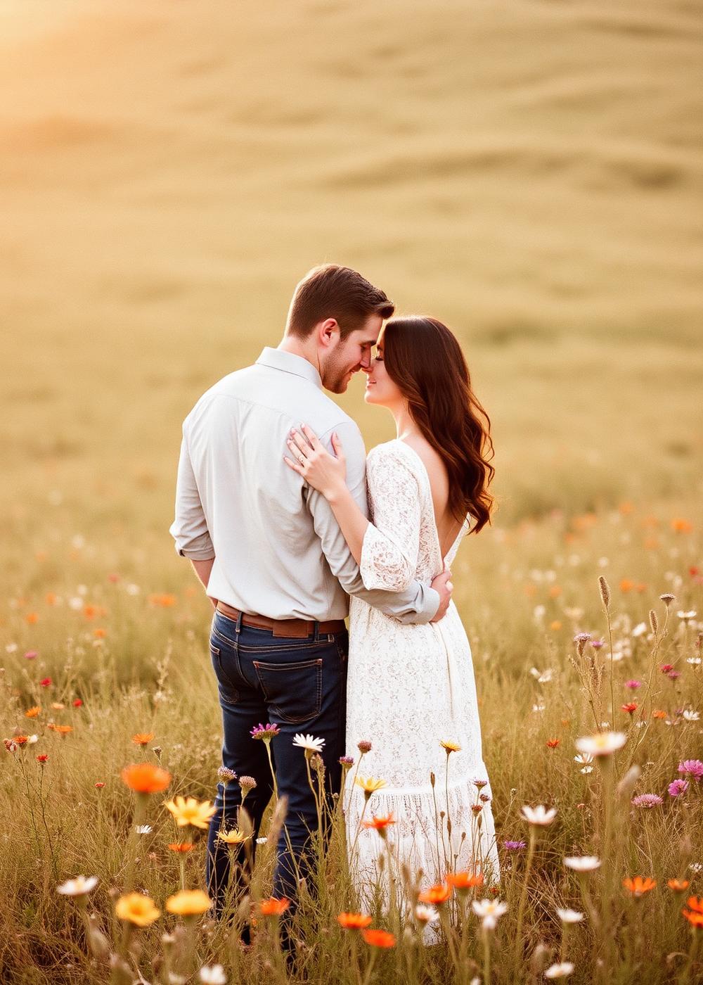 Casal em ensaio fotográfico no campo florido