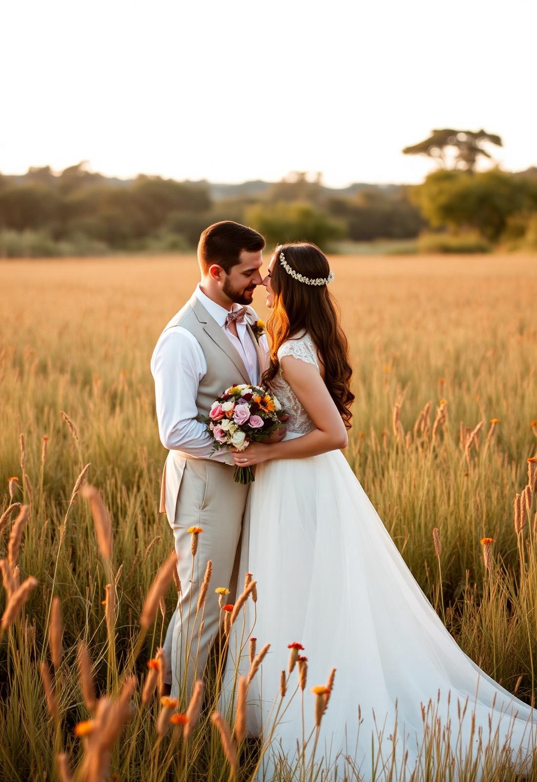 Casal em campo de capim alto ao pôr do sol no Sítio Seu João